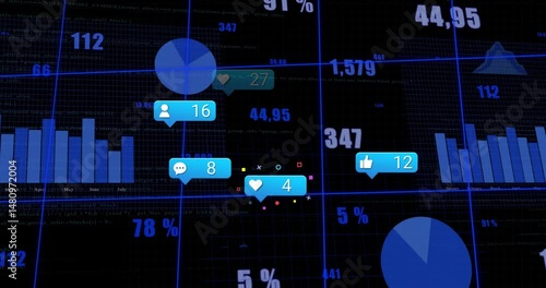 Analytics dashboard displaying dark charts with floating social engagement icons over blue grid