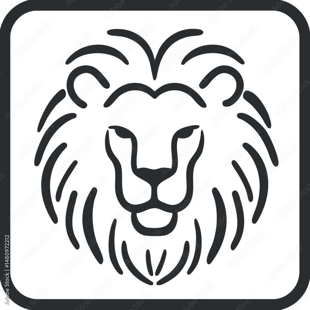 Fototapeta premium Black and white stylized lion head illustration with detailed mane in square frame