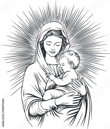 Black and white line art illustration of a mother tenderly holding her baby with a radiant halo background.