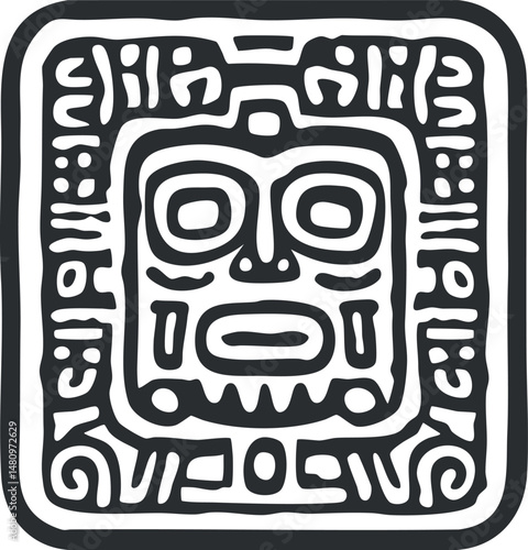 Ancient tribal stone carving of a square face symbol with geometric patterns and cultural design