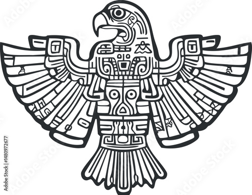 Black and white Aztec eagle symbol with intricate tribal patterns and spread wings design