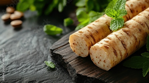 Fresh burdock root slices on a dark wooden board with mint leaves