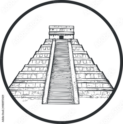 Black and white illustration of an ancient step pyramid with stairs, symbolizing historical and archaeological heritage.