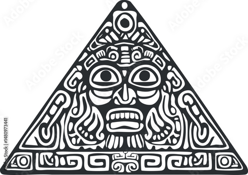 Black and white Aztec tribal triangle symbol featuring an ancient carved face with intricate geometric patterns.