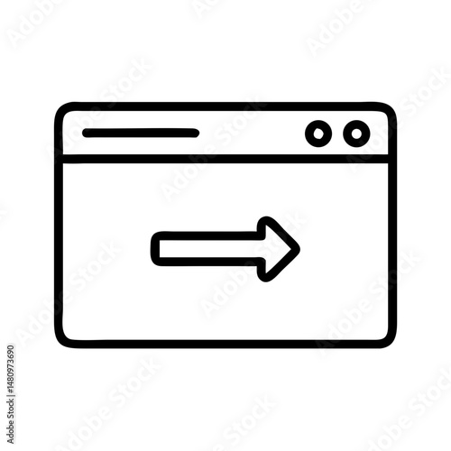 minimalist black and white line icon of browser window with right arrow symbol representing navigation, redirection or forward action in mobile ux