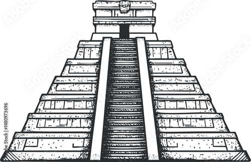 Detailed black and white illustration of an ancient stepped pyramid with a central staircase and stone architecture.