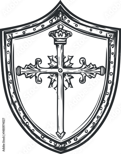 Black and white illustration of a medieval shield with an ornate cross emblem in the center