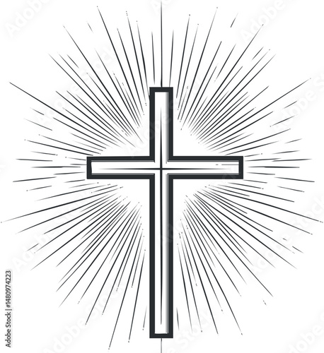 Black and white illustration of a Christian cross with radiant glowing rays symbolizing faith and spirituality