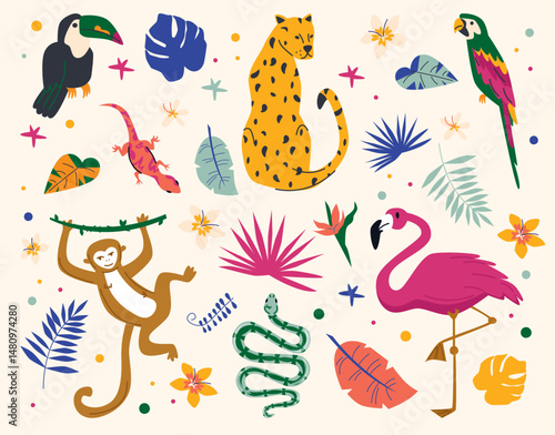 Collection of Jungle Animals and Tropical Plants.