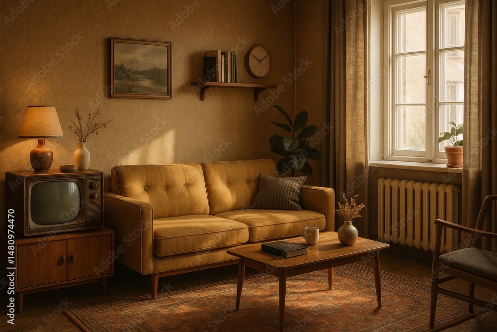 Fototapeta premium Cozy retro living room with mid-century furniture, warm lighting, vintage TV, and decor creating a nostalgic atmosphere.