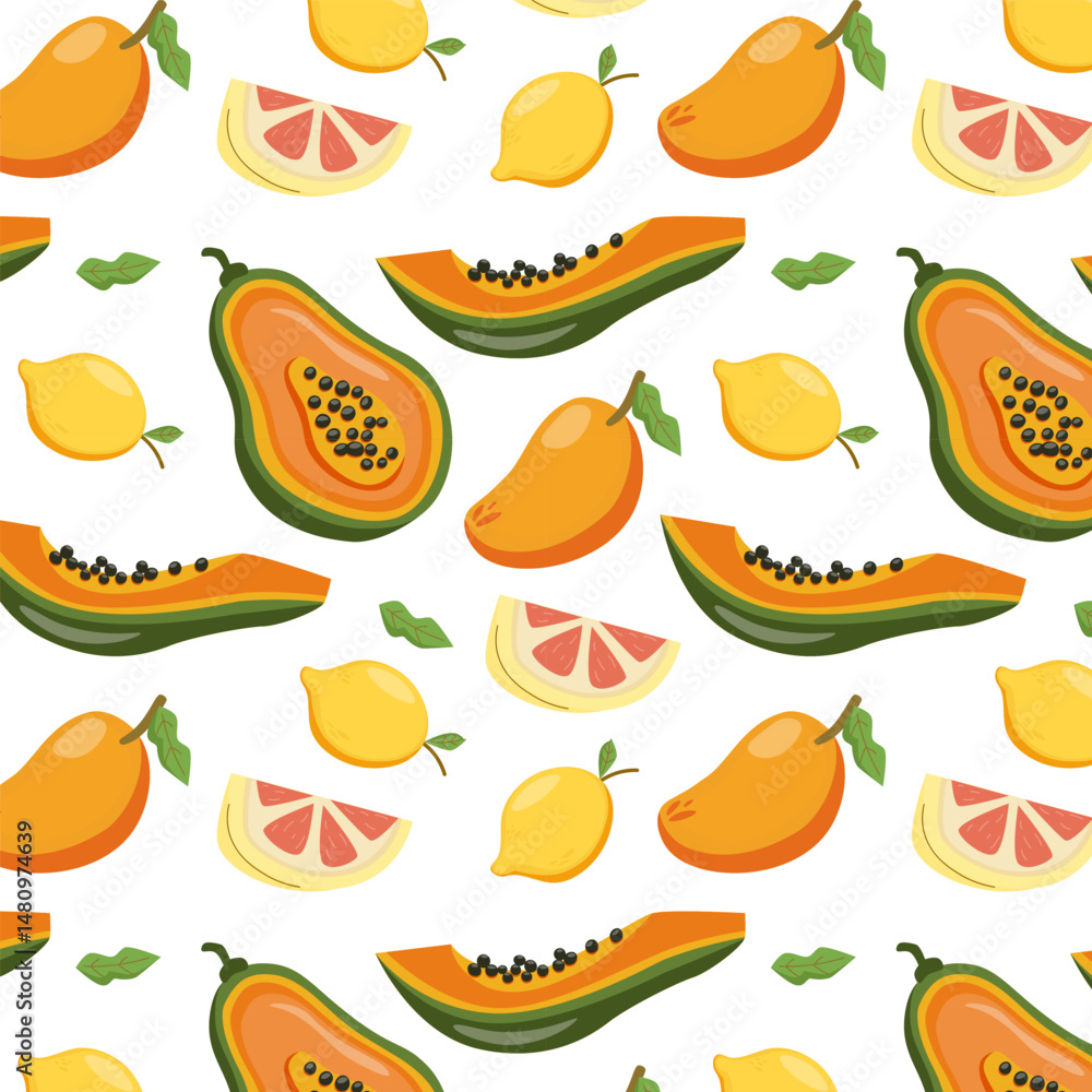 Tropical Papaya and Mango Fruit Seamless Pattern. Tropical Papaya and Mango Fruit Seamless Pattern.