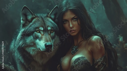 Woman and wolf in dark forest mystical portrait fantasy nature