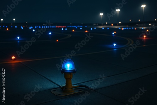 Blue taxiway lights glowing at night on an airport runway, creating a futuristic atmosphere with bokeh lights in the background.