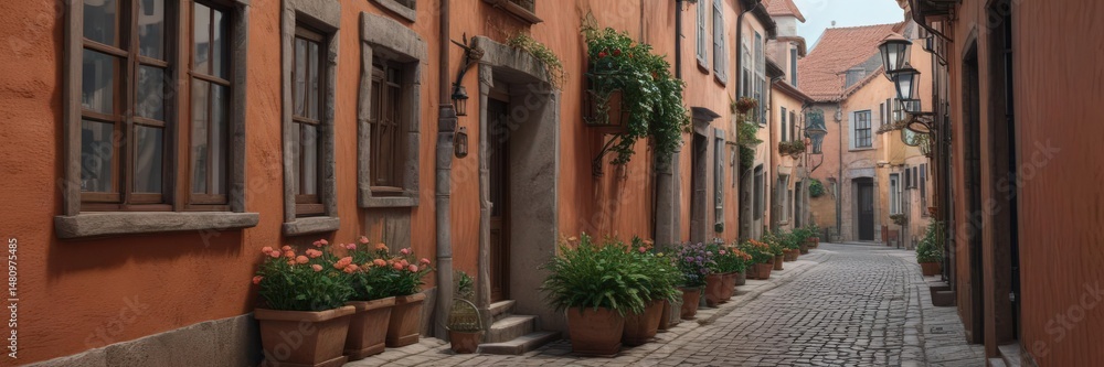 Fototapeta premium Narrow cobbled street, overflowing window boxes, terracotta roofs , alley, flora, idyllic