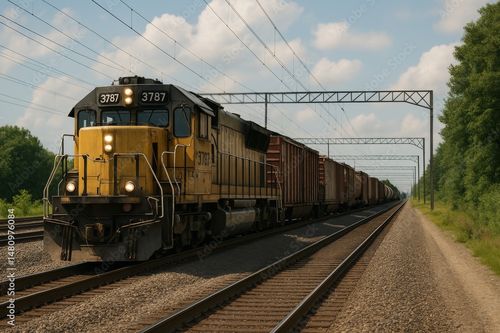 A long yellow freight train moves along double railway tracks in daylight, passing through green landscapes under electric lines. A long yellow freight train moves along double railway tracks in daylight, passing through green landscapes under electric lines.