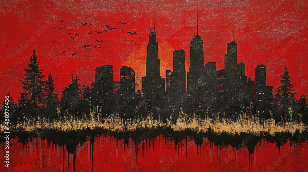 Fototapeta premium Urban dystopian cityscape at sunset