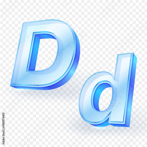 3D font uppercase and lowercase English letters “D” made of transparent glass material isolated on white background. Vector illustration.
