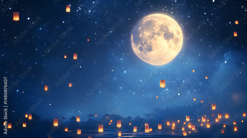 Naklejka premium Serene night sky filled with stars, a bright moon, and floating lanterns