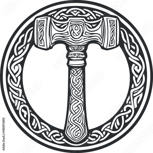 Black and white illustration of a celtic hammer with intricate knot patterns inside a circular border
