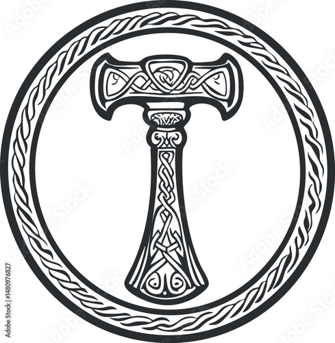 Black and white illustration of Thor's hammer Mjolnir with intricate Celtic knot patterns inside a decorative circular frame