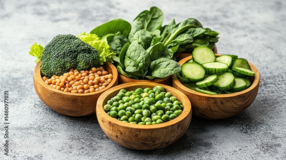 Fresh green vegetables in wooden bowls Fresh green vegetables in wooden bowls