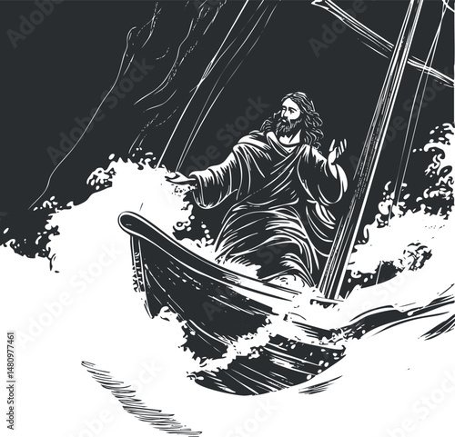Black and white illustration of Jesus calming the storm while standing on a boat during rough sea waves