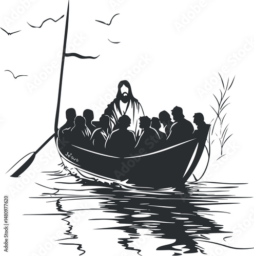 Black and white silhouette of Jesus with disciples on a boat on calm water with birds flying