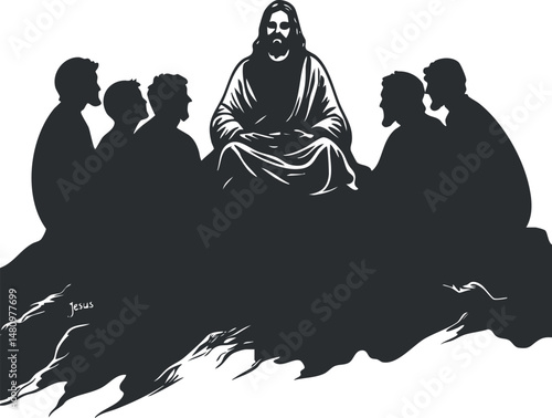 Silhouette illustration of Jesus teaching his apostles in a religious and spiritual setting
