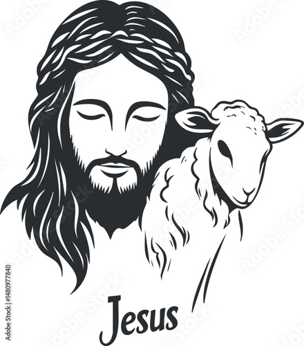 Black and white illustration of Jesus with a lamb symbolizing peace faith and spirituality in Christianity