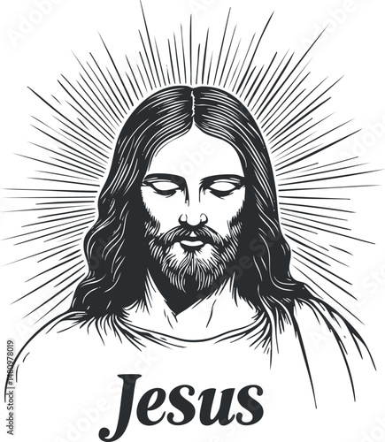 Black and white illustration of Jesus Christ with halo and closed eyes symbolizing peace and spirituality