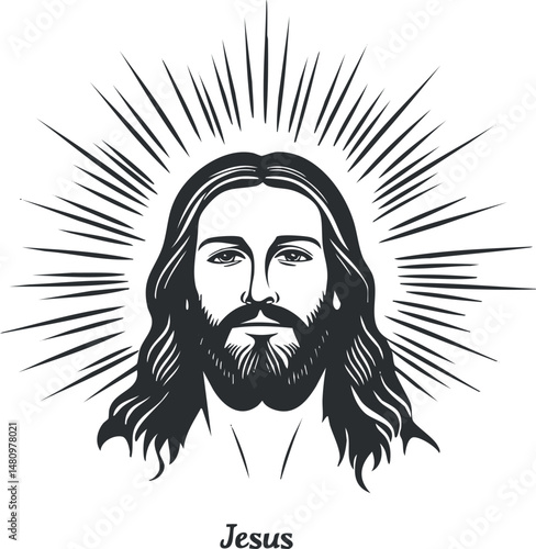 Black and white illustration of Jesus Christ with halo rays representing spirituality and faith