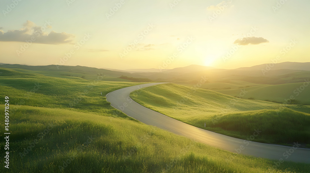 Fototapeta premium Picturesque landscape with a winding road through verdant hills at sunset
