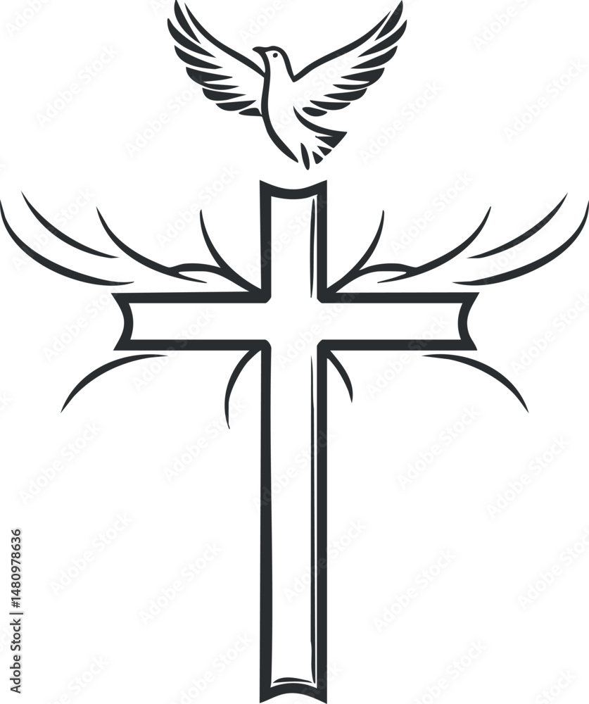 Fototapeta premium Black and white illustration of a Christian cross with a dove flying above and tribal wing design