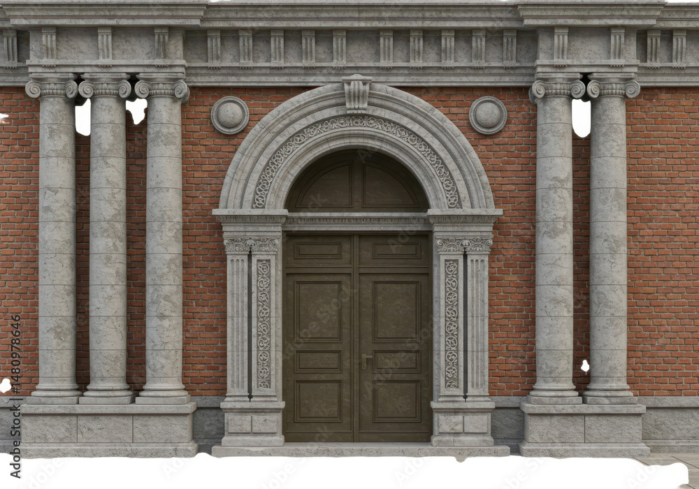 Obraz premium Architectural facade with columns and arched doorway isolated on transparent background