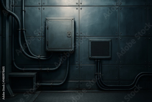 Dark industrial wall with exposed black pipes and square metal panels, evoking a sci-fi or dystopian environment.