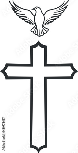 Black and white vector illustration of a Christian cross with a dove above symbolizing peace and faith