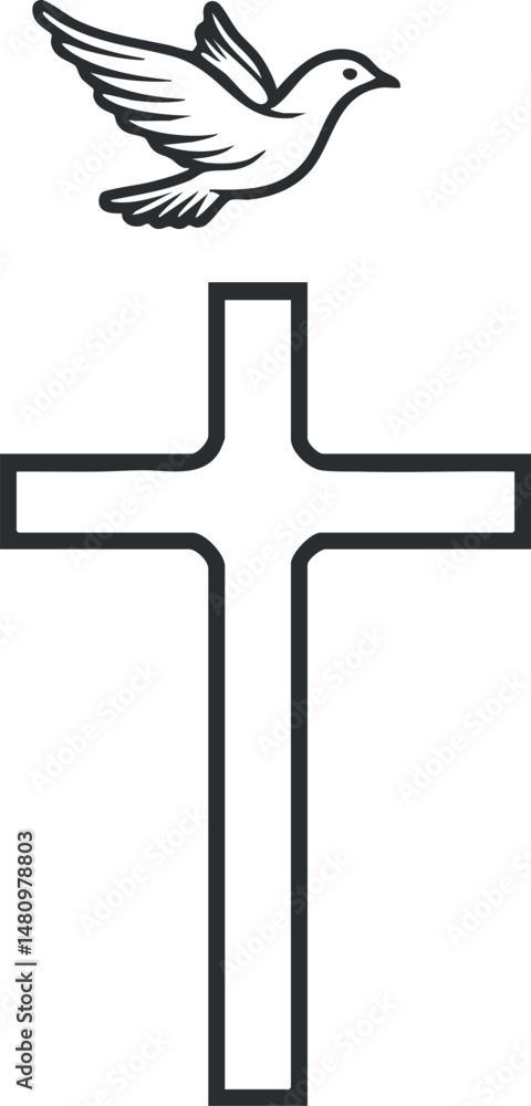 Black outline of Christian cross with a flying dove symbolizing peace and spirituality Black outline of Christian cross with a flying dove symbolizing peace and spirituality
