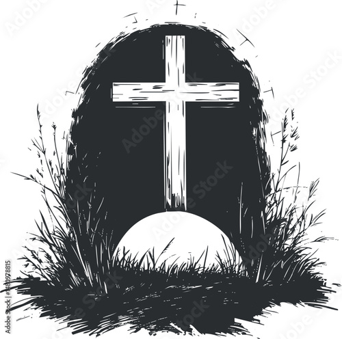 Black and white illustration of a cross on a grave surrounded by grass and plants symbolizing remembrance and faith