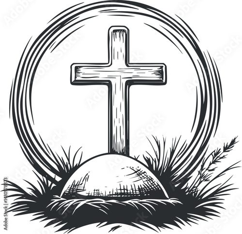 Black and white illustration of a Christian cross on a grave surrounded by grass and a circular halo.