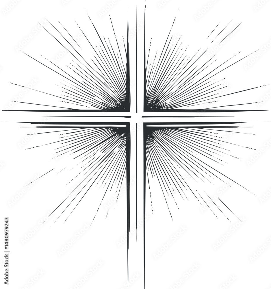 Obraz premium Black and white illustration of a shining cross with radiant light rays symbolizing faith and spirituality