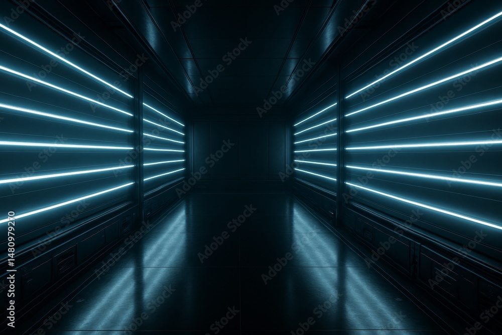 Dark sci-fi corridor with symmetrical rows of blue neon lights glowing along both walls, evoking a high-tech and cinematic atmosphere. Dark sci-fi corridor with symmetrical rows of blue neon lights glowing along both walls, evoking a high-tech and cinematic atmosphere.