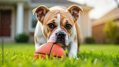 Funny English bulldog biting toy basketball on green lawn in front of suburban house, playful dog expression outdoors in summer light, 4K, motion, funny animals