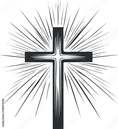 Black and white illustration of a Christian cross with radiant light rays symbolizing faith and spirituality