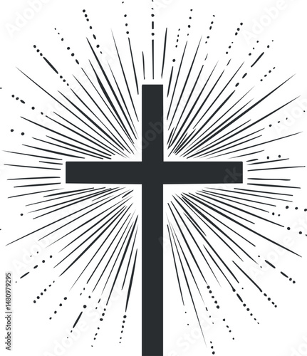 Black Christian cross with radiant light rays symbolizing faith and spirituality in Christianity