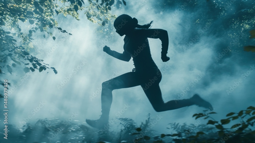 Naklejka premium Silhouette of runner in misty forest dynamic movement nature sports fitness