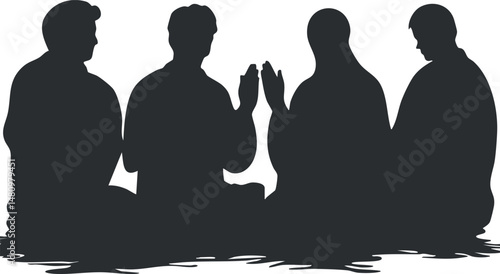 Silhouetted group of people sitting and praying together in a peaceful, spiritual setting