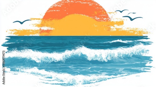 Ocean sunset waves graphic seascape illustration