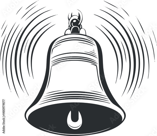 Black and white illustration of a ringing metal bell with sound waves indicating noise and vibration