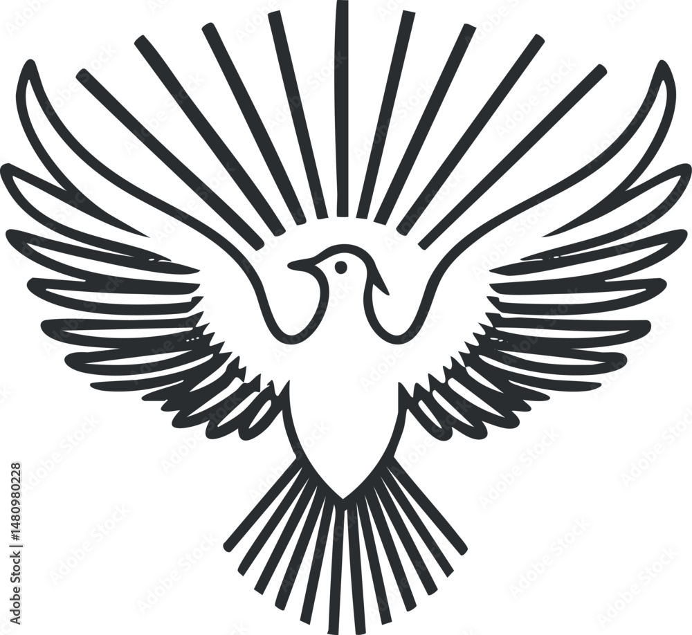 Fototapeta premium Black and white line art illustration of a dove with spread wings symbolizing peace and freedom