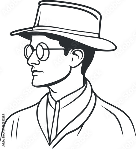 Black and white line art illustration of a man in profile wearing a hat and glasses with vintage style clothing